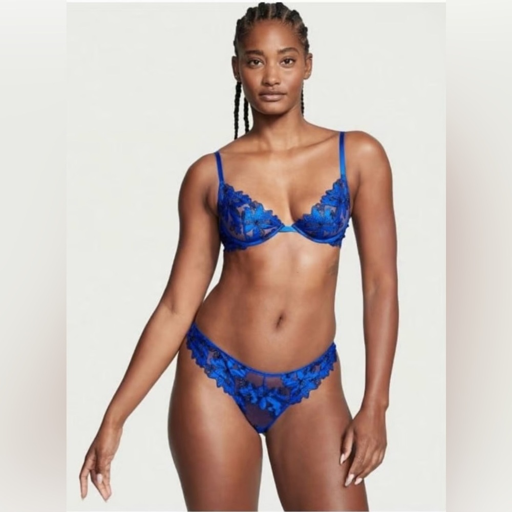 Victoria's Secret Women’s Demi Bra & Thong Floral Lace Blue 38DDD Large 38F NWT